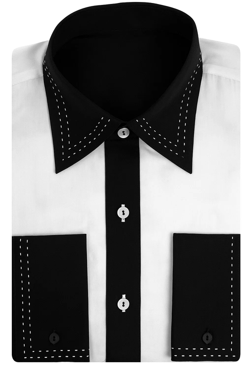 Two Toned Lay Down Collar Microfiber Design Two Tone Stitched Regular Fit Black And White Men'S Dress Shirt