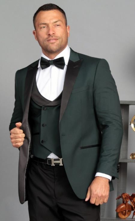Ultra Slim Fit Prom Tuxedo - Hunter Prom Suit with Double Breasted Vest - Homecoming Suit