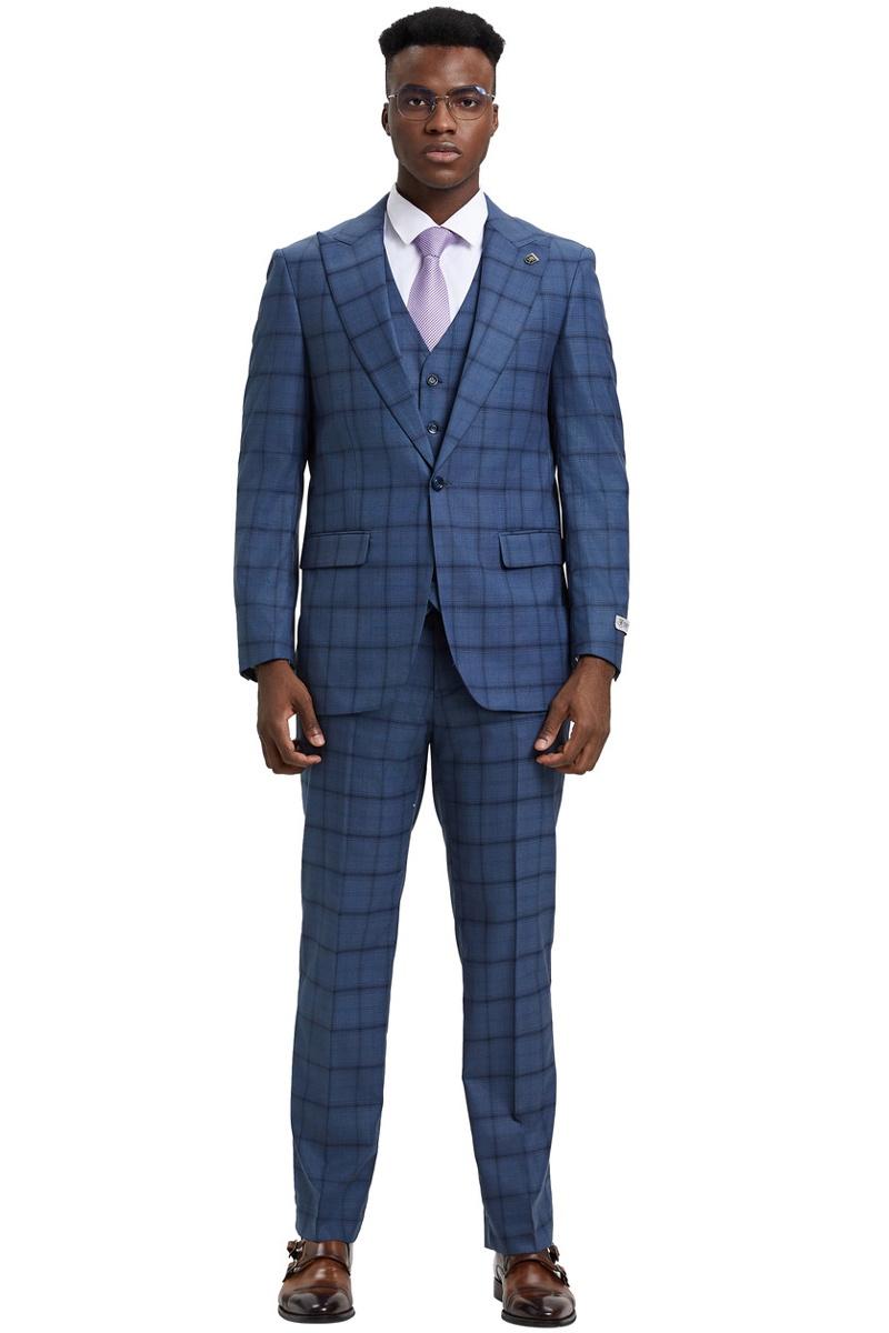 Men's Stacy Adams One Button Vested Suit in Midnight Blue Windowpane Plaid - Image 2