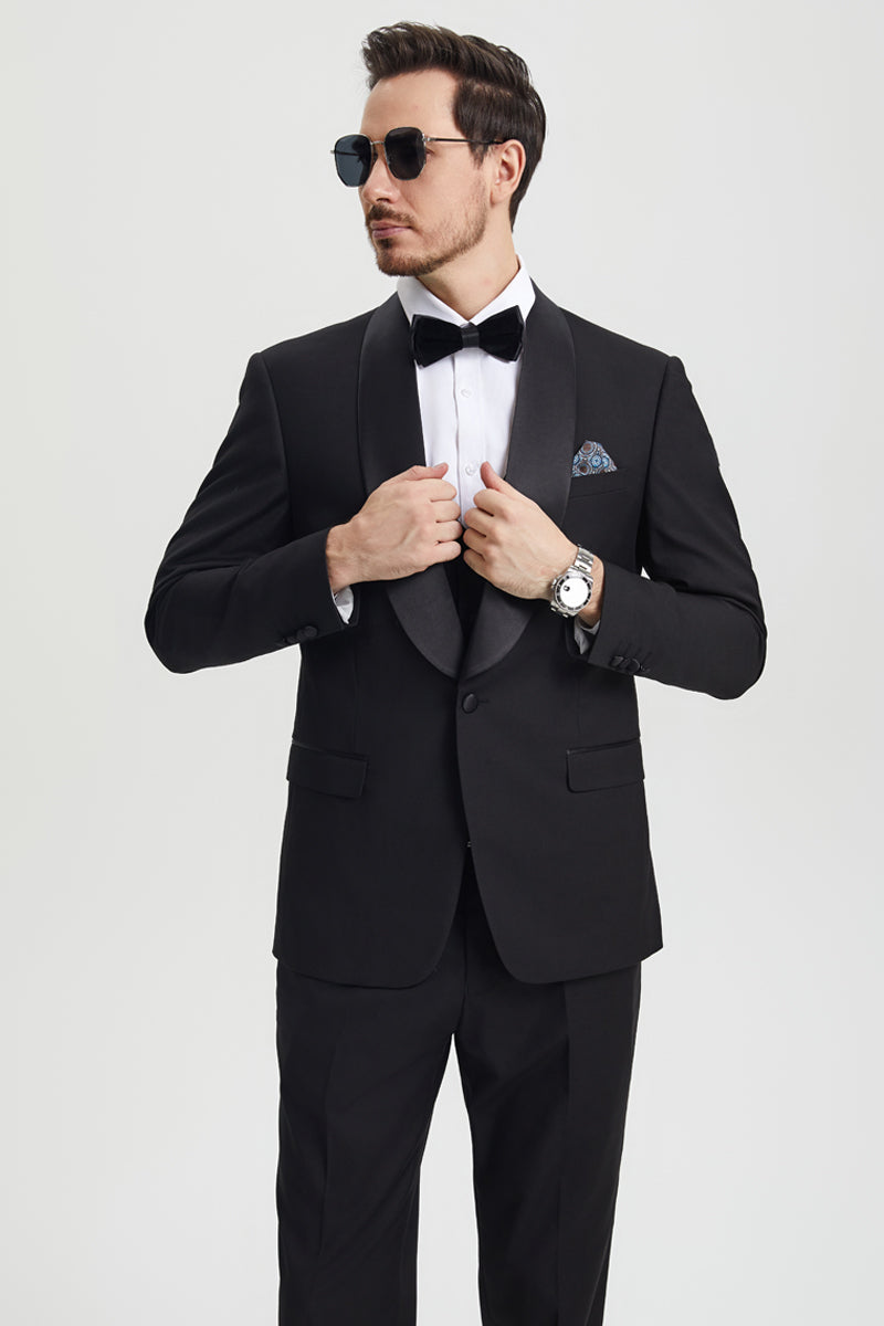 Men's Stacy Adams Vested One Button Shawl Lapel Designer Tuxedo in Black