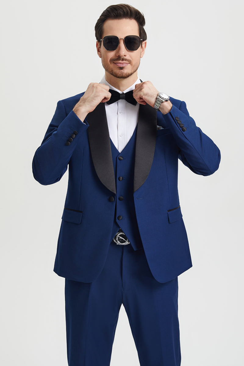 Men's Stacy Adams Vested One Button Shawl Lapel Designer Tuxedo in Indigo Blue - Image 6