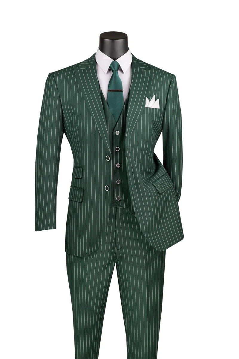 Odyssey Collection - Hunter Green Regular Fit 3 Piece Suit 2 Button Gangster Stripe Modern Fit