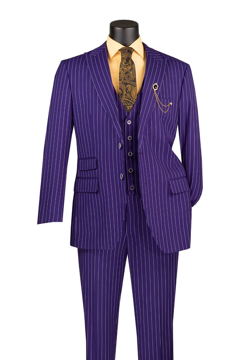Odyssey Collection - Purple Regular Fit 3 Piece Suit 2 Button Gangster Stripe Modern Fit
