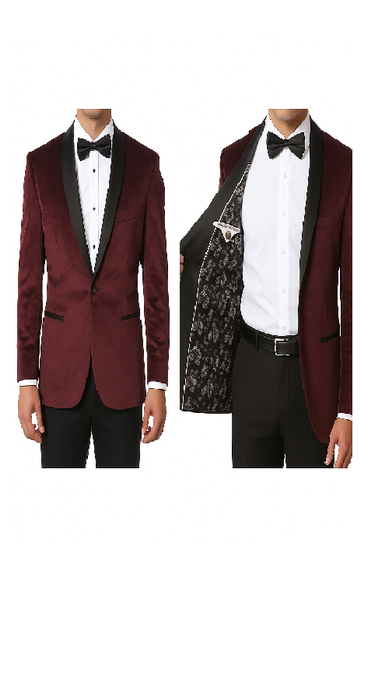 Velour Men's blazer Jacket Velvet Shawl Collar Dinner Smoking , Slim Fit Burgundy ~ Wine ~ Maroon