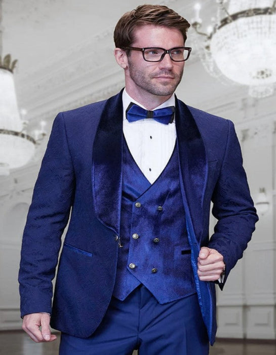 Blue Prom Suit - Blue Homecoming Outfits For Guys with Velvet Lapels and Vest in Sapphire Blue Prom Tuxedos
