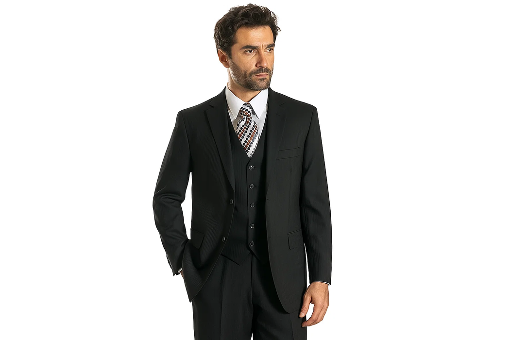 2BV 3 Pc Vested Black On Black Stripe ~ Pinstripe Designer Affordable Cheap Priced Business Suits Clearance Sale Online Sale Shadow Pattern