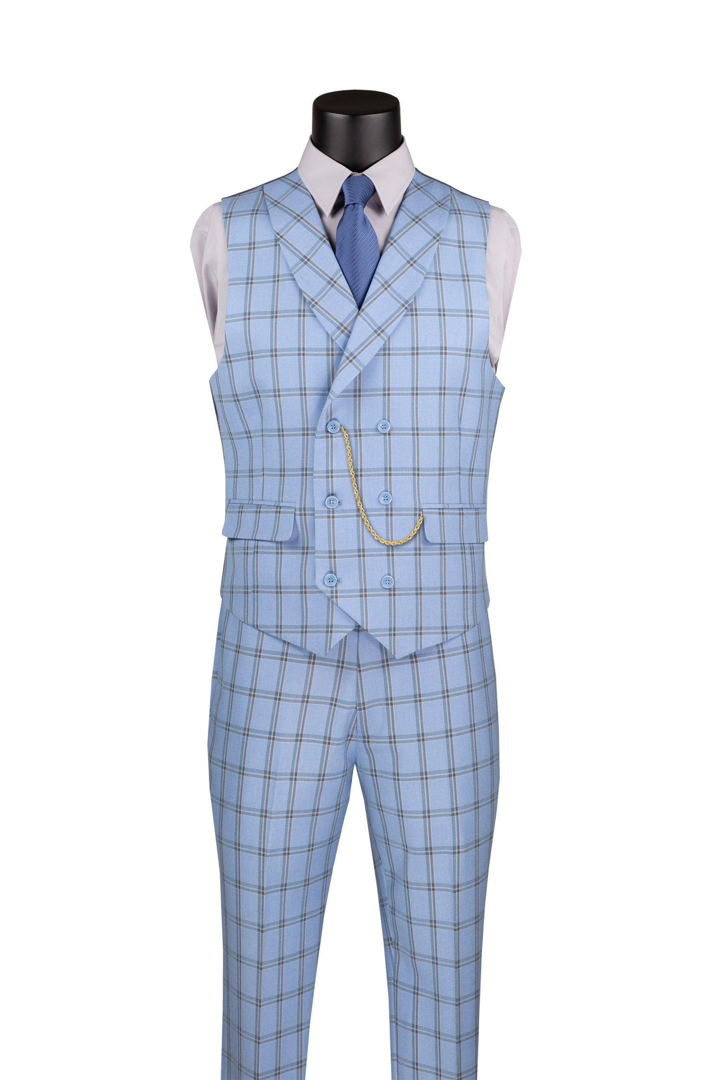 La Scale Collection-Windowpane Three Piece Suit - Light Blue - Image 2