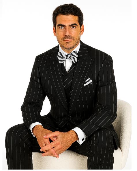 Modern Fit Suit Black Birdseye Pure Wool Suit And Vest For Men