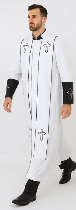 White/Black Cross Accent Robe With Stole Mandarin Suits