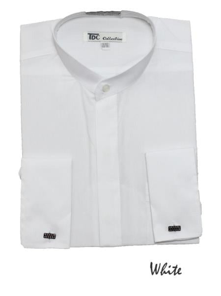 Fashion Hidden Buttons French Cuff Mandarin Collarless Dress Preacher Round Style Shirt White Men's Dress Shirt