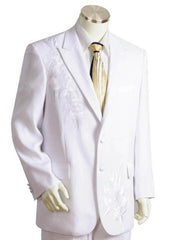 Men's Floral Design Two Button Closure White Suits