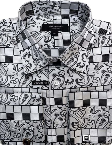 Mens Paisley Shirts - Club Fashion Dress Shirt Spread Collar in Color White