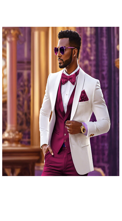 White and Burgundy Tuxedo Wedding Suit - White Dinner Jacket + Vest + Pants + Bow-tie