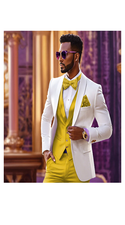 White and Gold Tuxedo Wedding Suit - White Dinner Jacket + Vest + Pants + Bow-tie