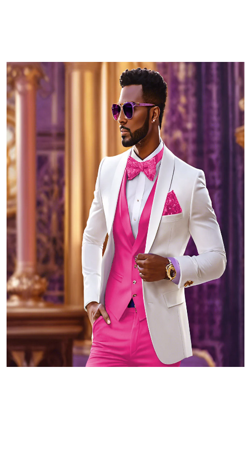 White and Hot Pink Tuxedo Wedding Suit - White Dinner Jacket + Vest + Pants + Bow-tie