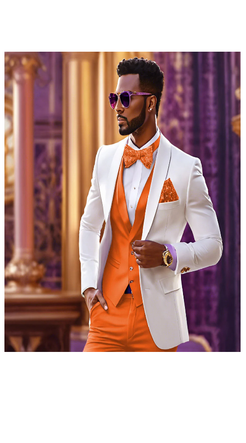 White and Orange Tuxedo Wedding Suit - White Dinner Jacket + Vest + Pants + Bow-tie