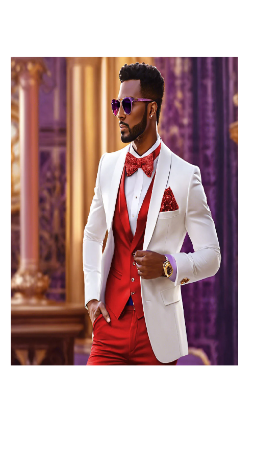 White and Red Tuxedo Wedding Suit - White Dinner Jacket + Vest + Pants + Bow-tie