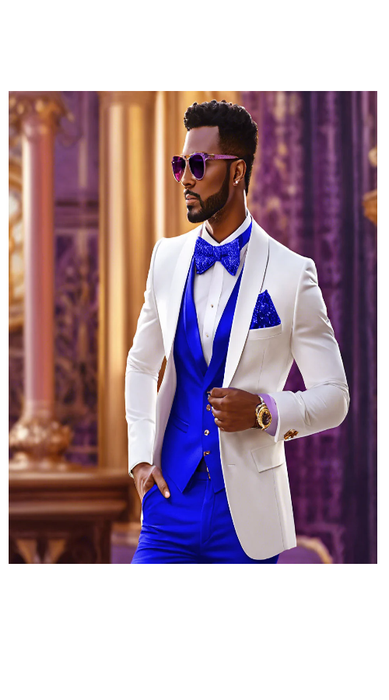 White and Royal Blue Tuxedo Wedding Suit - White Dinner Jacket + Vest + Pants + Bow-tie