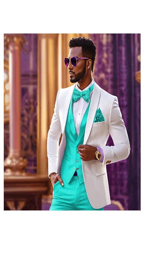 White and Turquoise Tuxedo Wedding Suit - White Dinner Jacket + Vest + Pants + Bow-tie