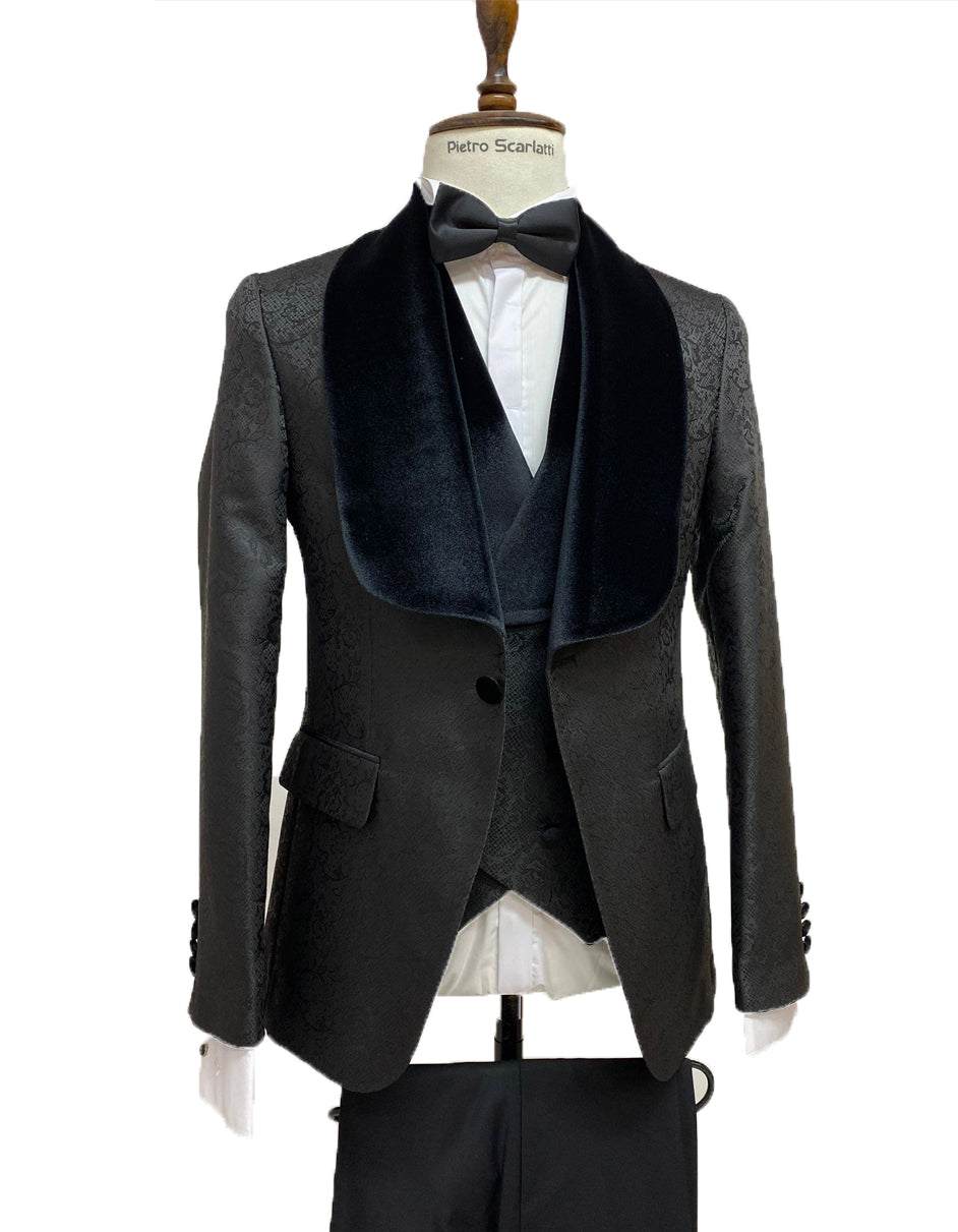 Mens Vested Designer Wide Velvet Shawl Tuxedos in Black Paisley Tuxedo
