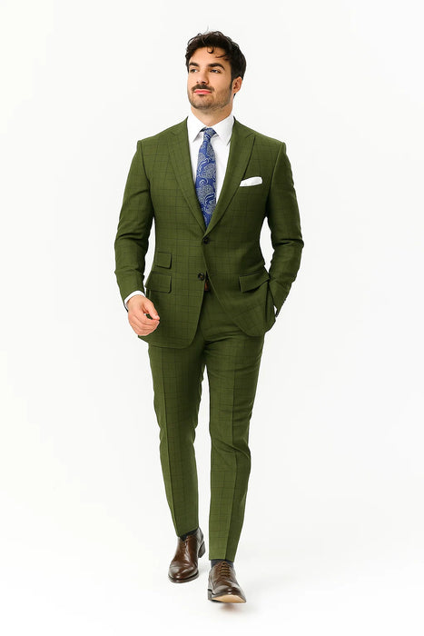 Windowpane Suit 2 Piece in Olive