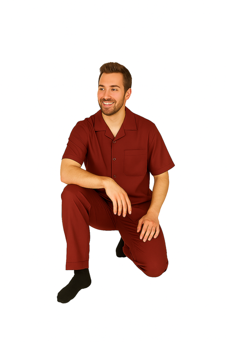 Men's 2 Piece Short Sleeve Casual Two Piece Mens Walking Outfit For Sale Pant Sets Set With Pleated Pants 100% Linen Shirt Wine