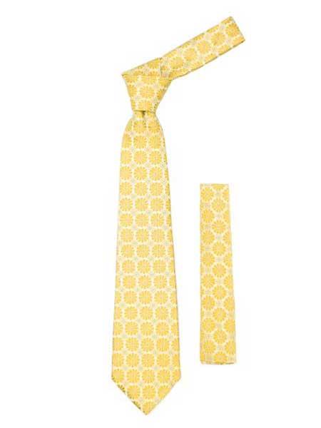 Floral Design Fashionable Yellow Necktie With Handkderchief Set - Men's Neck Ties - Mens Dress Tie - Trendy Mens Ties