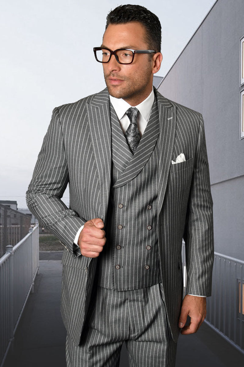 Men's Designer Wool Pleated Pant Vested Suit in Bold Grey Gangster Pinstripe Modern Fit