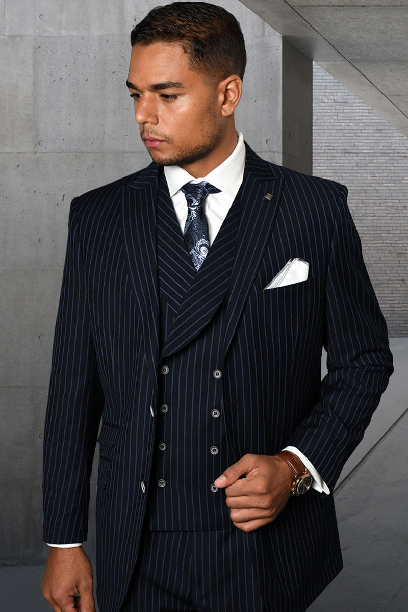 Men's Designer Wool Pleated Pant Vested Suit in Bold Navy Gangster Pinstripe Modern Fit