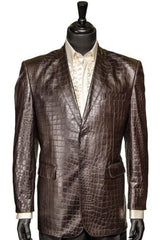 Zacchi Chocolate Brown Vegan Faux Leather Croc Pattern 2 Buttons Casual Blazer