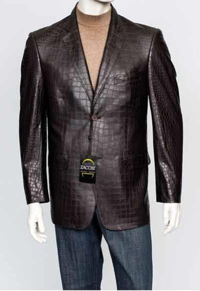 Zacchi Men's Italian Cut Men's Alligator Jacket Print Genuine Leather Feel 2 Button 29881 Brown Crocodile Print Blazer Available in Big and Tall