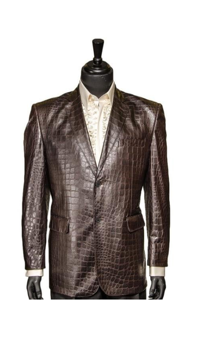 Zacchi Chocolate Brown Vegan Faux Leather Croc Pattern 2 Buttons Casual Blazers