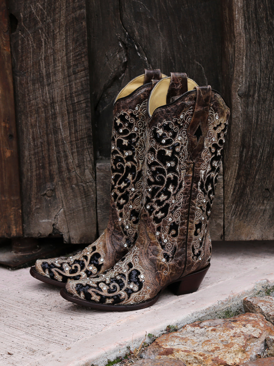 Corral Women's Black Glitter Inlay Crystal Snip Toe Cowboy Boots - Image 5