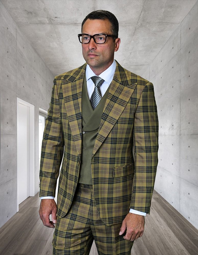 Statement Men’s 3-Piece Plaid Wool Suit – 100% Wool Modern Fit with Wide Peak Lapel