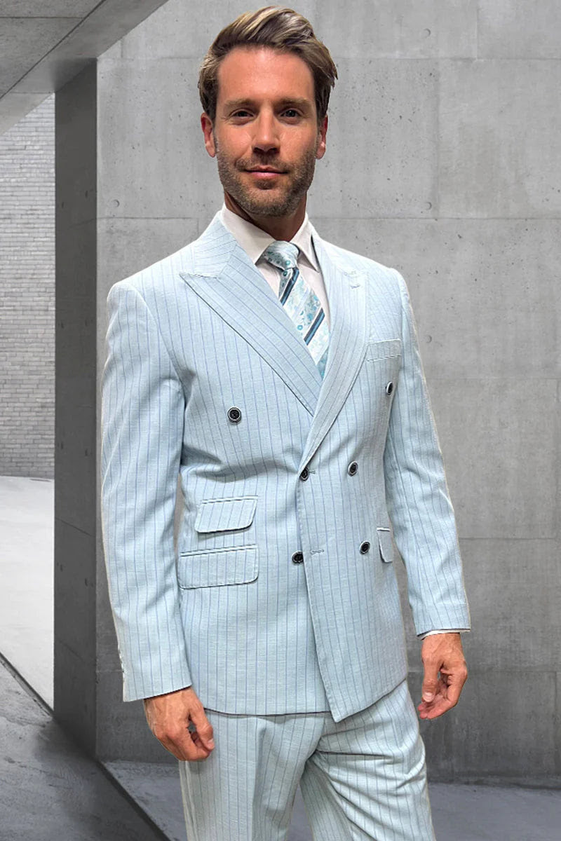 Aqua Turquoise Light Blue Color Men's Designer Double Breasted Summer Wool Suits in Light Aqua Blue Pinstripe Modern Fit