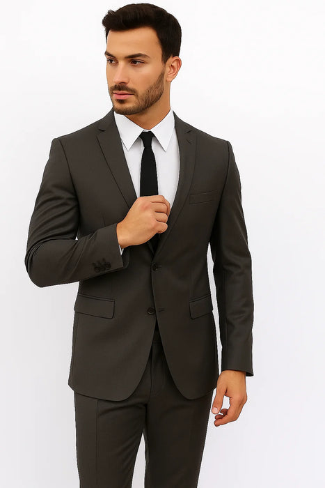 Slim Fitted Solid Herringbone 2 Button Three Piece Vested Shadow Stripe Men'S Black Suit