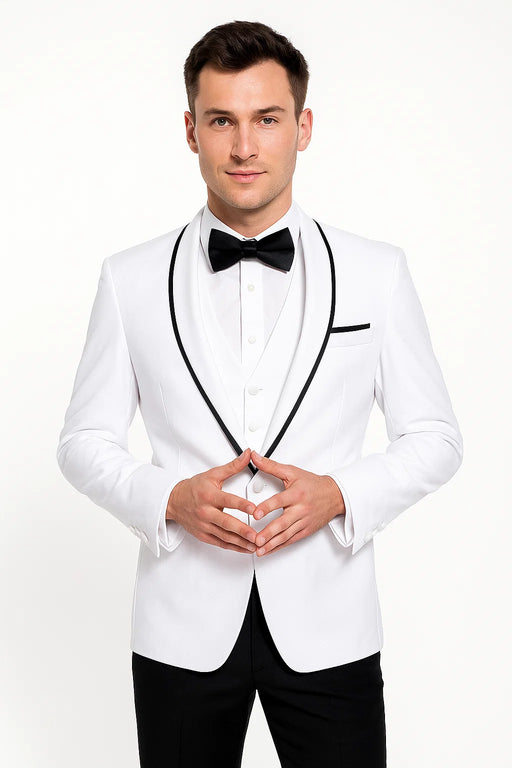 Men'S Shawl Lapel With Trim 1 Button Blazer White Sport Coat Dinner Jacket With Trim