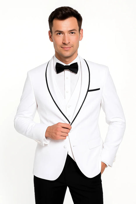 Men'S Shawl Lapel With Trim 1 Button Blazer White Sport Coat Dinner Jacket With Trim