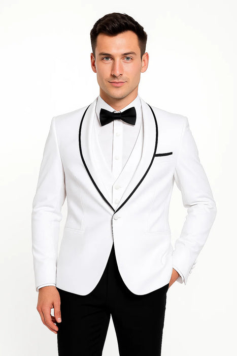 Men'S Shawl Lapel With Trim 1 Button Blazer White Sport Coat Dinner Jacket With Trim