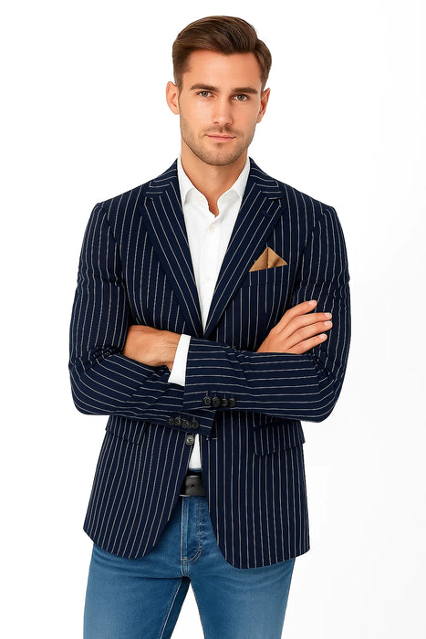 Men's Gangster 1920s Men's Blazer Sport Coat With Bold Chalk Pinstripe Navy ~ Blue