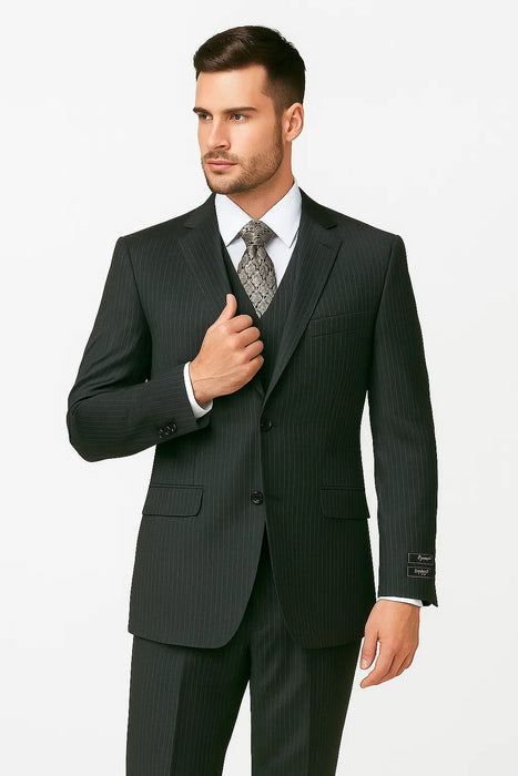 Men's Charcoal Pinstripe 3 Piece 2 Button Italian Designer Suit Flat Front No Pleated Pants - Three Piece Suit