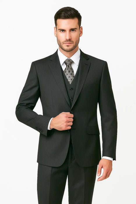 Men's Charcoal Pinstripe 3 Piece 2 Button Italian Designer Suit Flat Front No Pleated Pants - Three Piece Suit