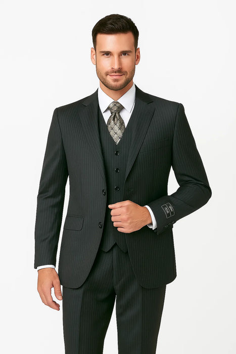 Men's Charcoal Pinstripe 3 Piece 2 Button Italian Designer Suit Flat Front No Pleated Pants - Three Piece Suit