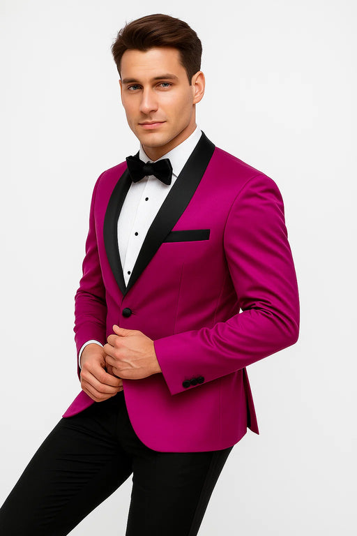 Mens Fuchsia Pink Satin Tuxedo Jacket with Black Peak Lapel – Bold Slim Fit Formal Suit