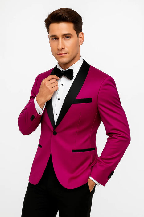 Mens Fuchsia Pink Satin Tuxedo Jacket with Black Peak Lapel – Bold Slim Fit Formal Suit