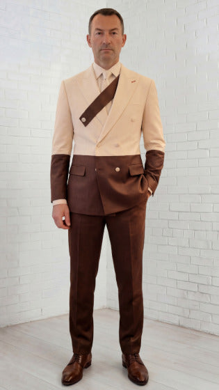 Statement Men's 2 Piece 100% Wool Modern Fit Double Breasted Suit - Two Tone Jacket