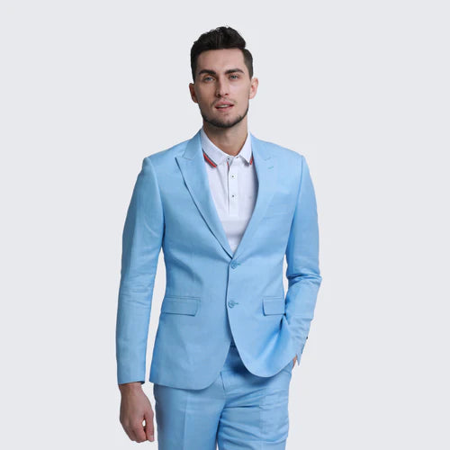 Baby Blue Linen Suit Slim Fit Two Piece Set - Wedding - Prom - Image 3