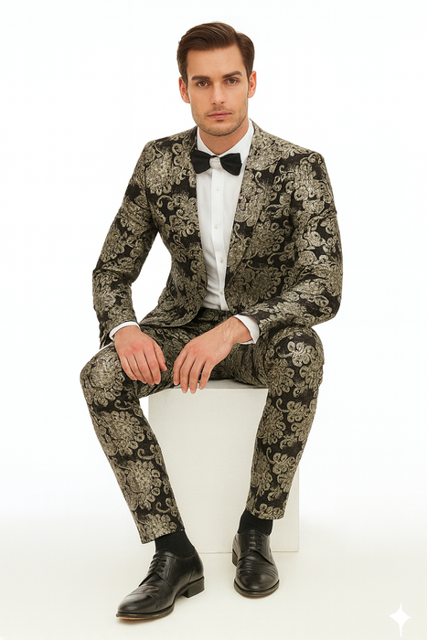 Black and Gold and Silver Sequin Suit - Shiny Prom Tuxedo Slim Fit Suit