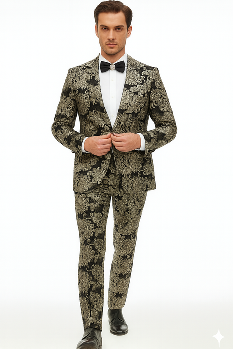 Black and Gold and Silver Sequin Suit - Shiny Prom Tuxedo Slim Fit Suit