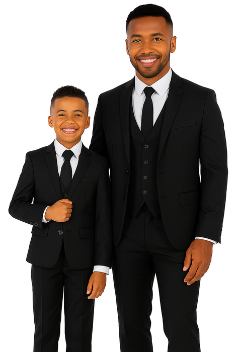 Father and Son Suits - Black Boys Suit Perry Ellis Vested Boy's Wedding Suit in Black